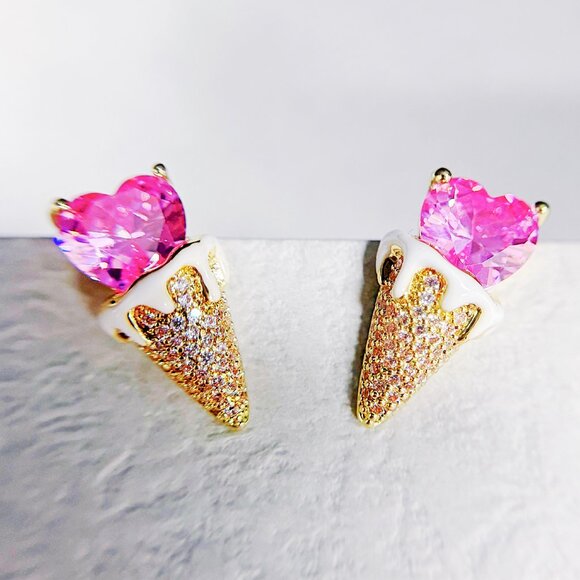 Handmade Jewelry - Ice Cream Crystal Earring, Fashion Stud Earring, Heart Jewelry, Birthday Gift